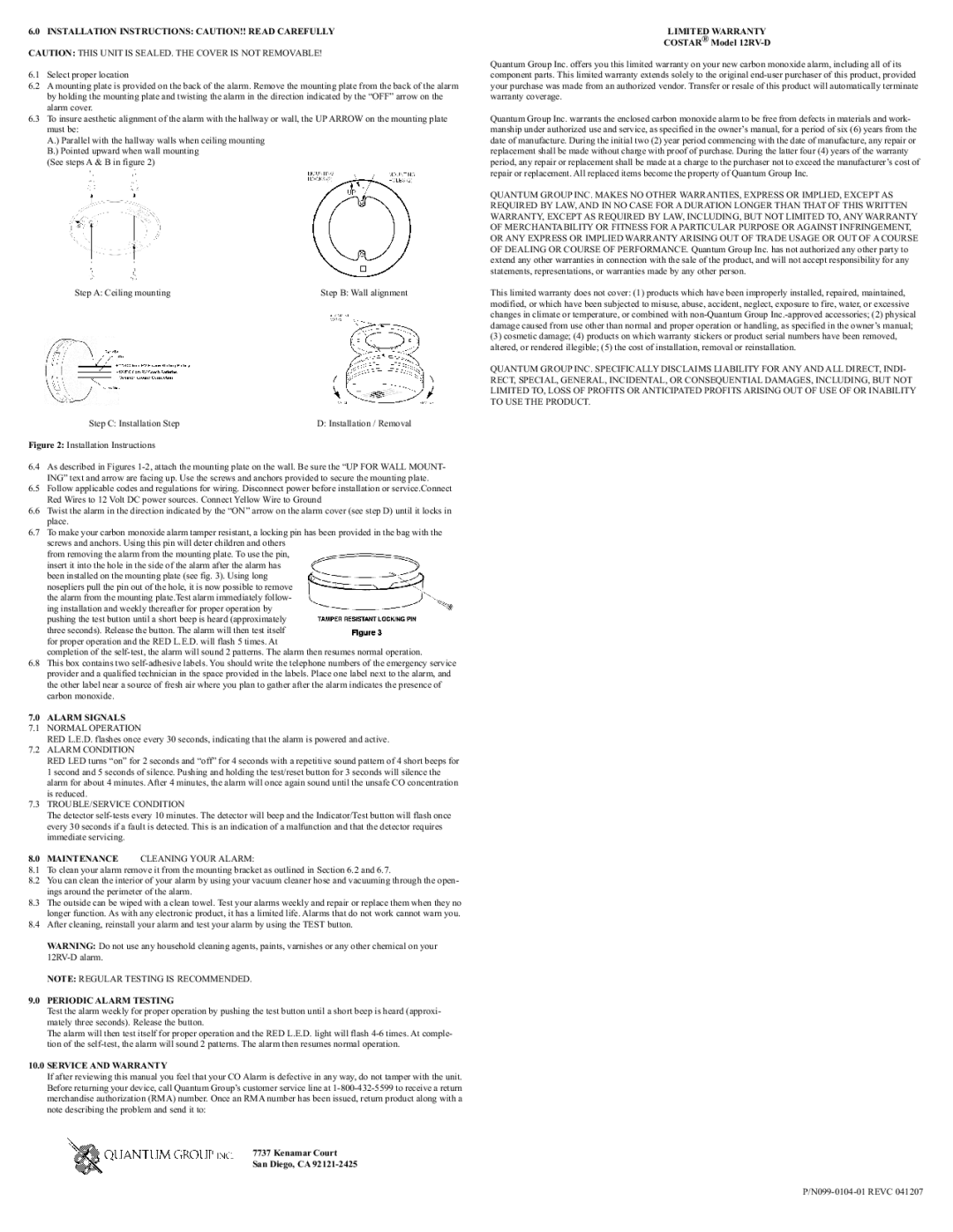 Costar 12RV-D owner manual Alarm Signals, Periodic Alarm Testing, Service and Warranty, Limited Warranty 