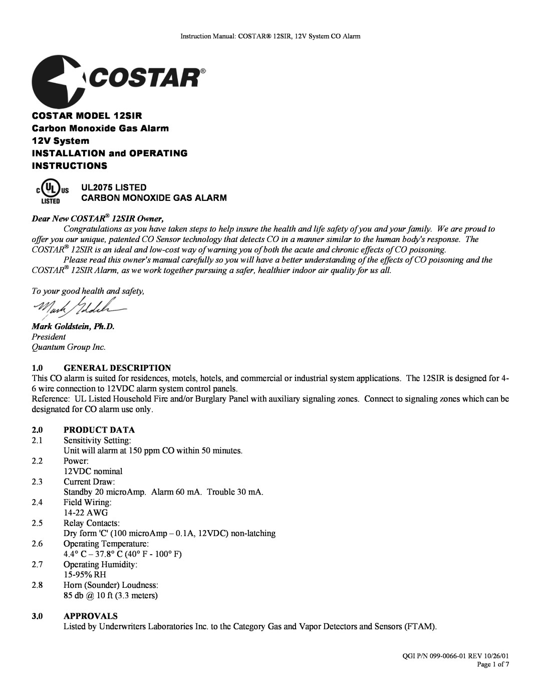 Costar instruction manual COSTAR MODEL 12SIR Carbon Monoxide Gas Alarm, 12V System INSTALLATION and OPERATING 