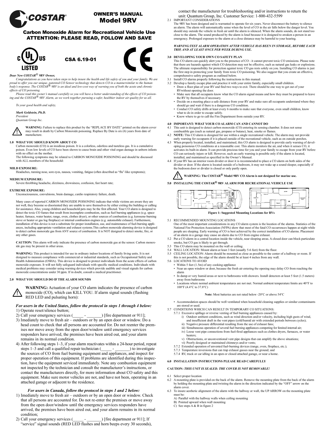 Costar 9RV owner manual What YOU should Know about CO, Mild Exposure, Medium Exposure, Extreme Exposure 