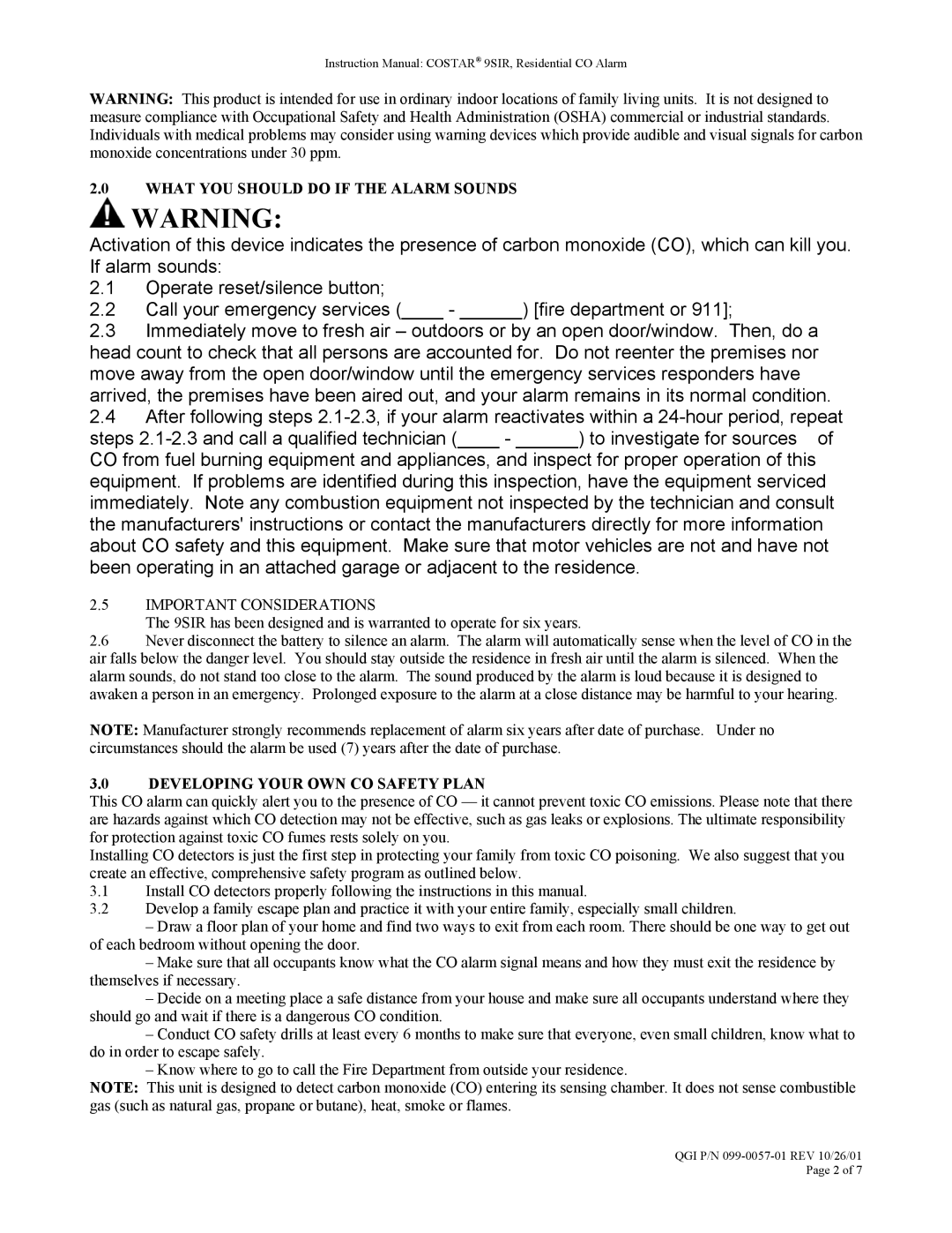 Costar 9SIR What YOU should do if the Alarm Sounds, Important Considerations, Developing Your OWN CO Safety Plan 