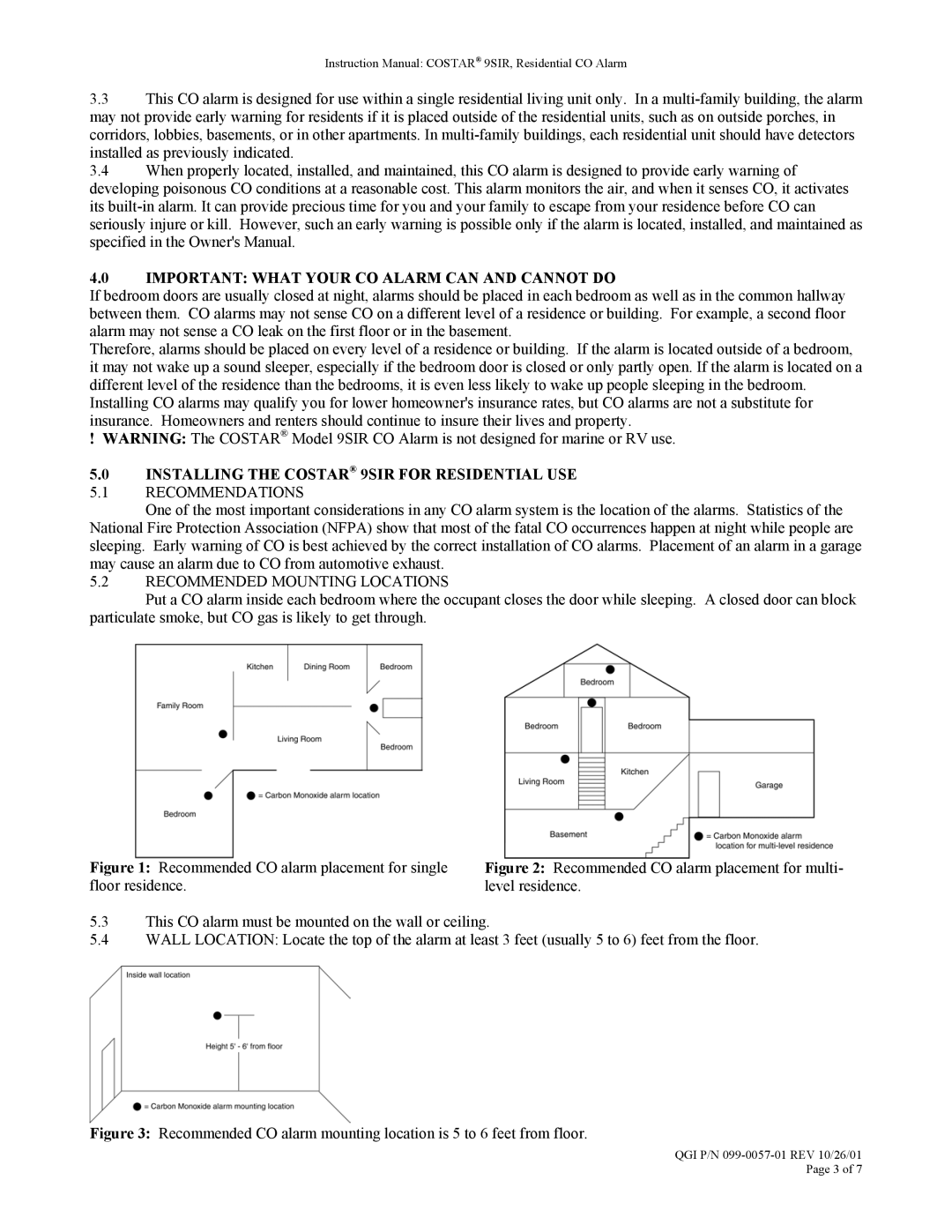 Costar Important What Your CO Alarm can and Cannot do, Installing the Costar 9SIR for Residential USE, Recommendations 