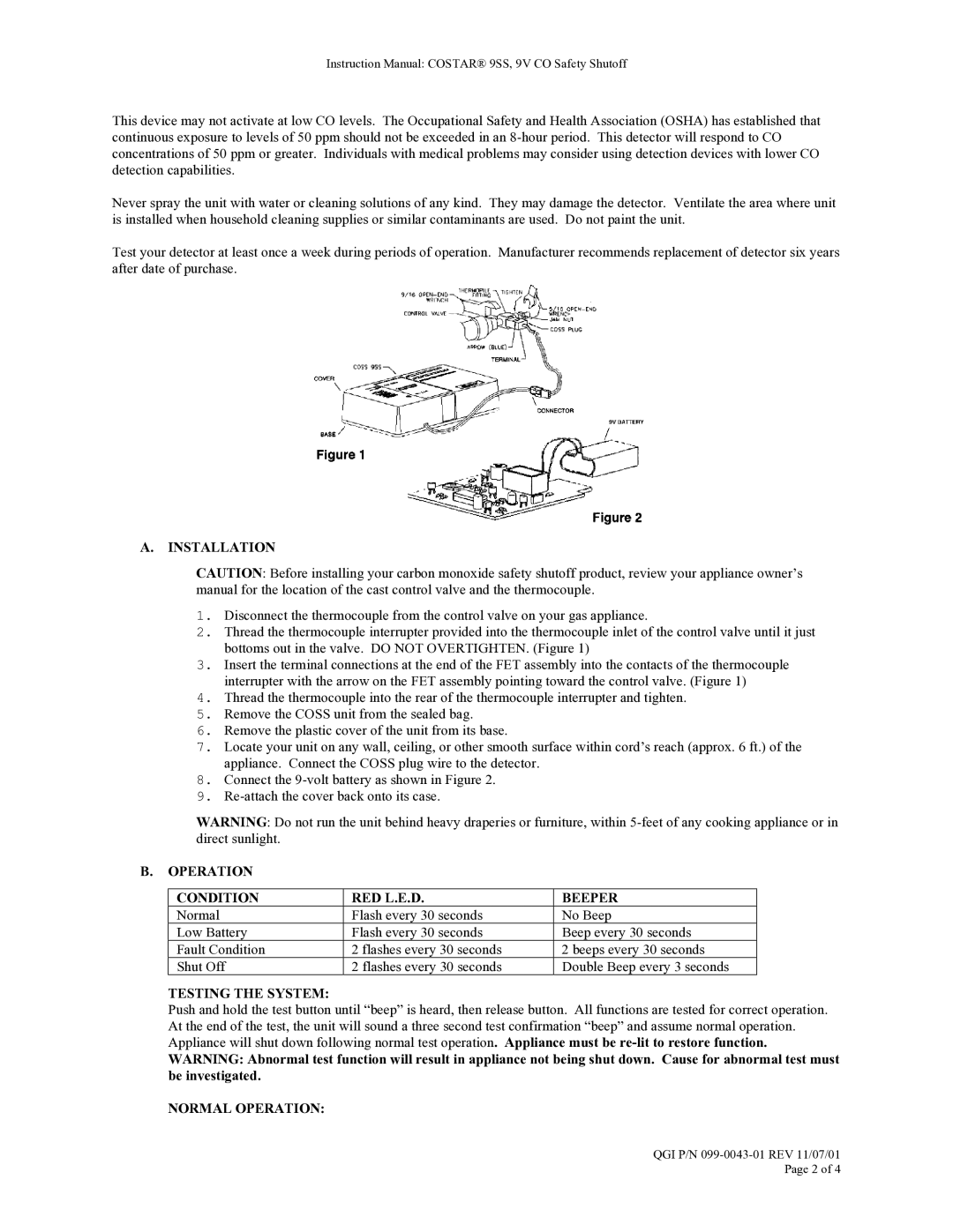 Costar 9SS owner manual Installation, Operation Condition RED L.E.D Beeper, Testing the System, Normal Operation 