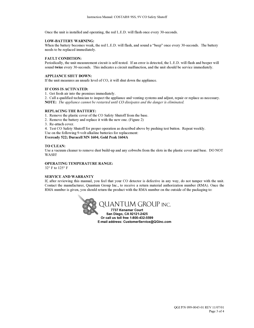 Costar 9SS LOW-BATTERY Warning, Fault Condition, Appliance Shut Down, If Coss is Activated, Replacing the Battery 