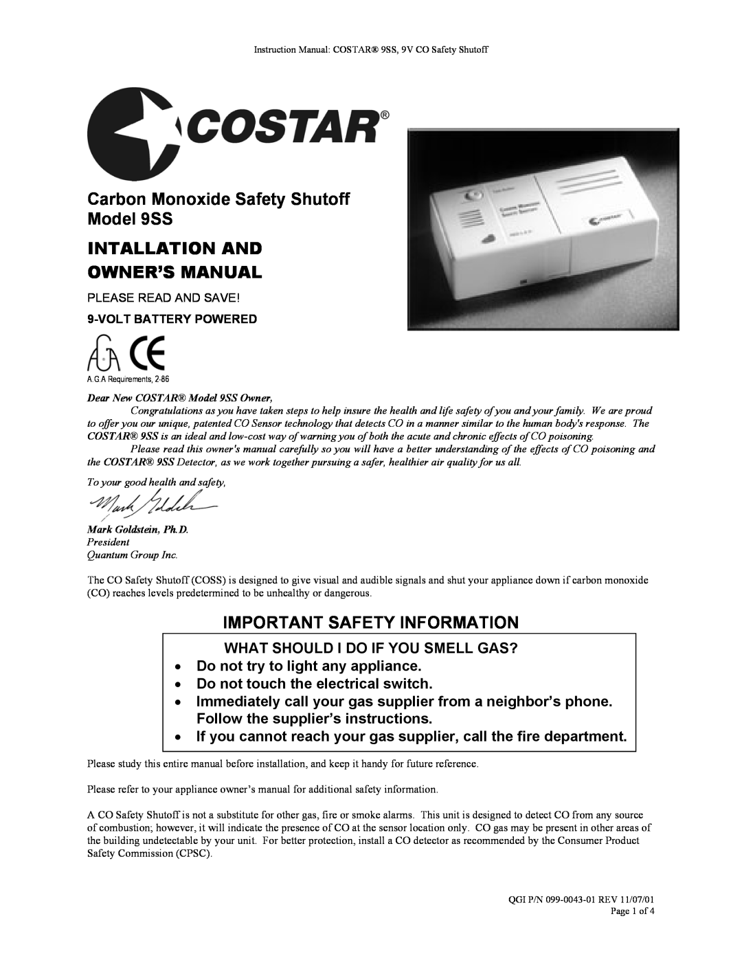 Costar owner manual Carbon Monoxide Safety Shutoff Model 9SS, Important Safety Information, Please Read And Save 