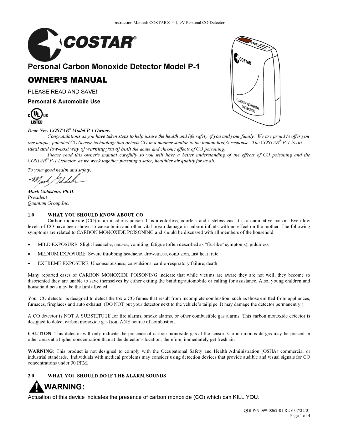 Costar P-1 owner manual What YOU should Know about CO, What YOU should do if the Alarm Sounds 