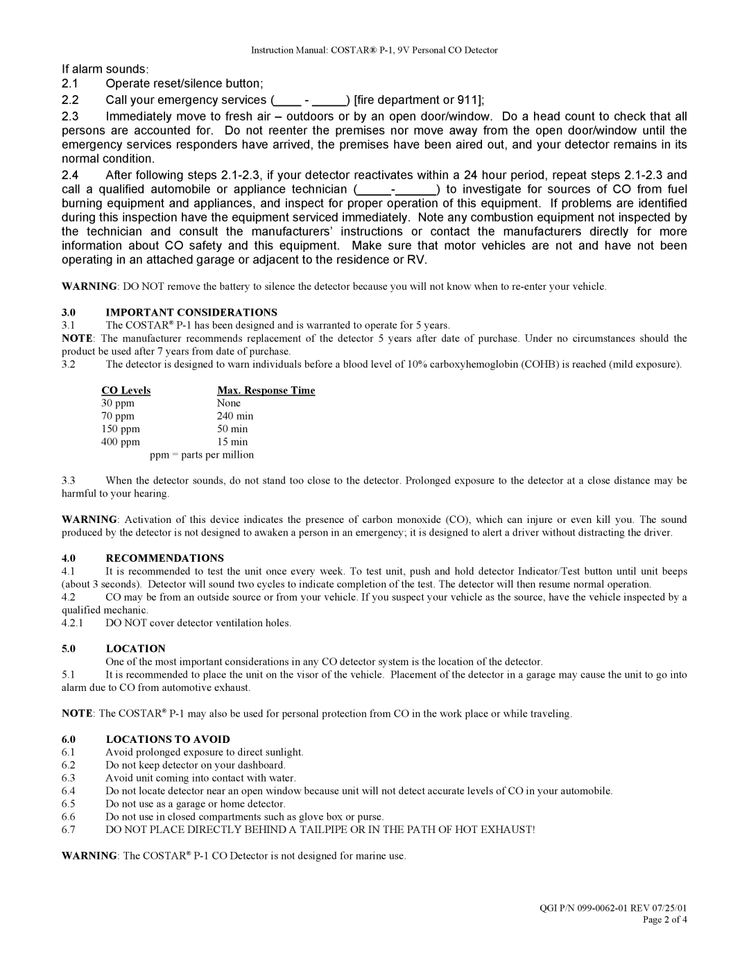 Costar P-1 owner manual Important Considerations, CO Levels, Recommendations, Locations to Avoid 