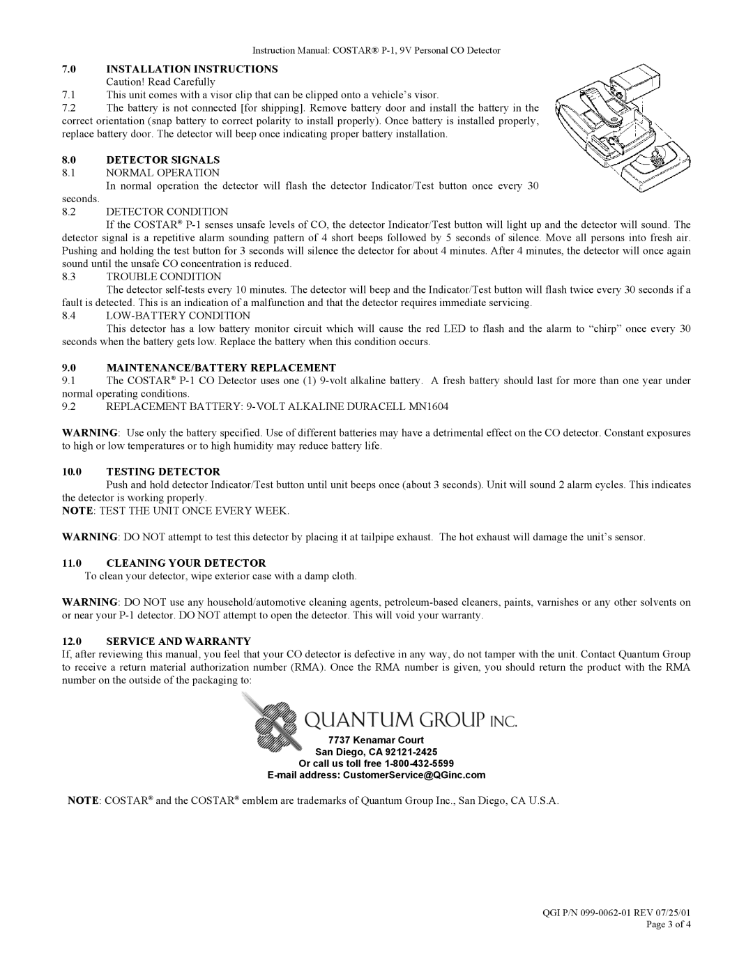 Costar P-1 owner manual Detector Signals, MAINTENANCE/BATTERY Replacement, Testing Detector, Cleaning Your Detector 