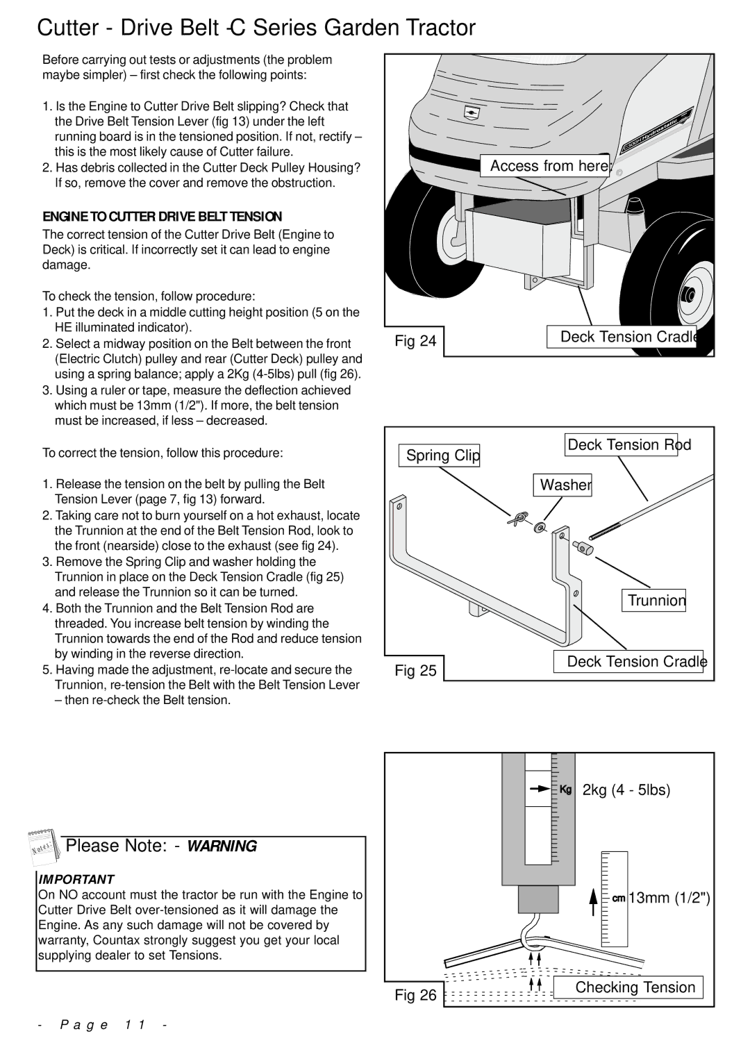 Countax manual Cutter Drive Belt C Series Garden Tractor, Please Note Warning, Engine to Cutter Drive Belt Tension 