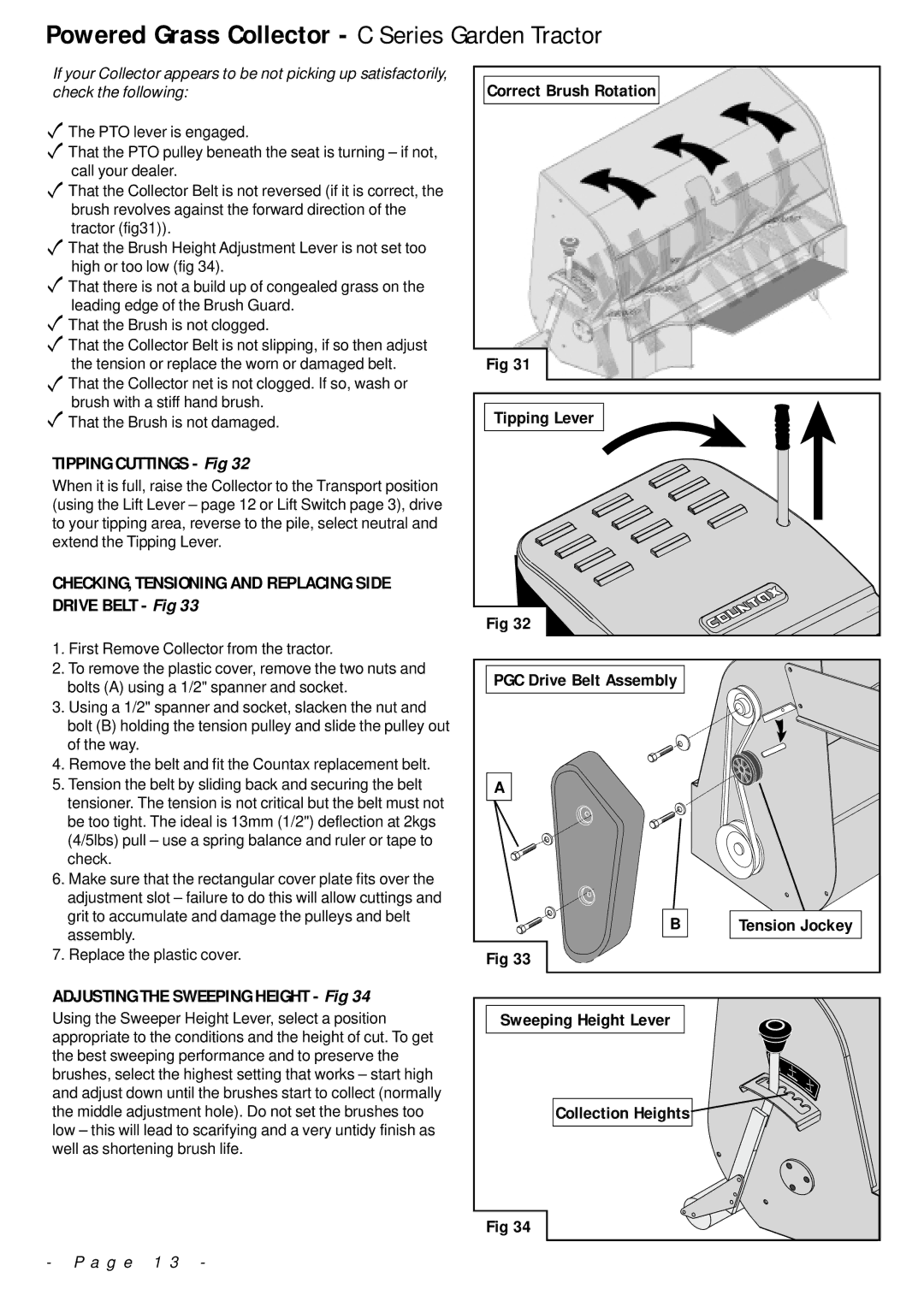 Countax manual Powered Grass Collector C Series Garden Tractor, Tipping Cuttings Fig, Adjusting the Sweeping Height Fig 