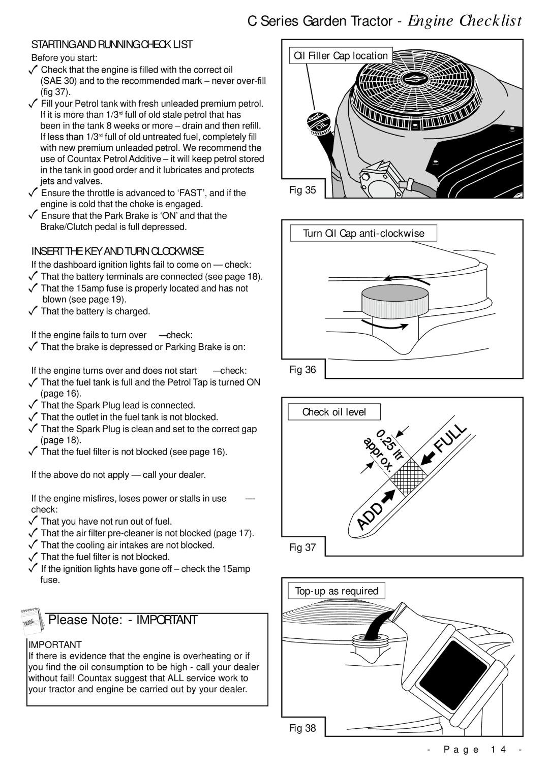 Countax Series Garden Tractor Engine Checklist, Starting and Running Check List, Insert the KEY and Turn Clockwise 