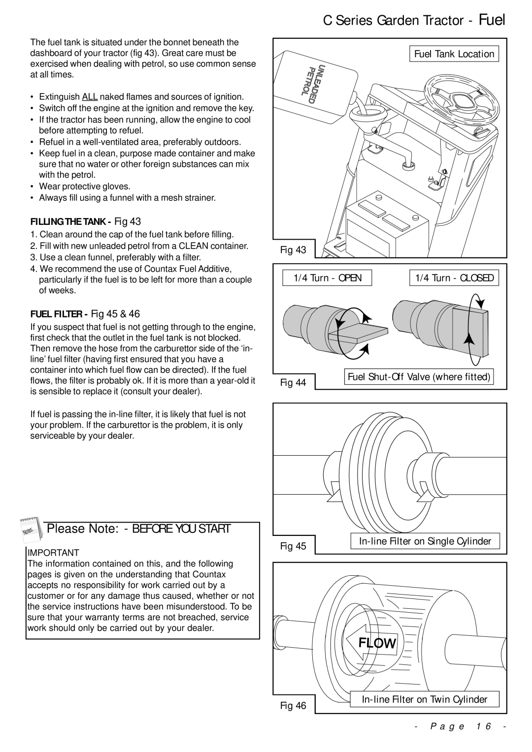 Countax manual Series Garden Tractor Fuel, Filling the Tank Fig, Fuel Filter 