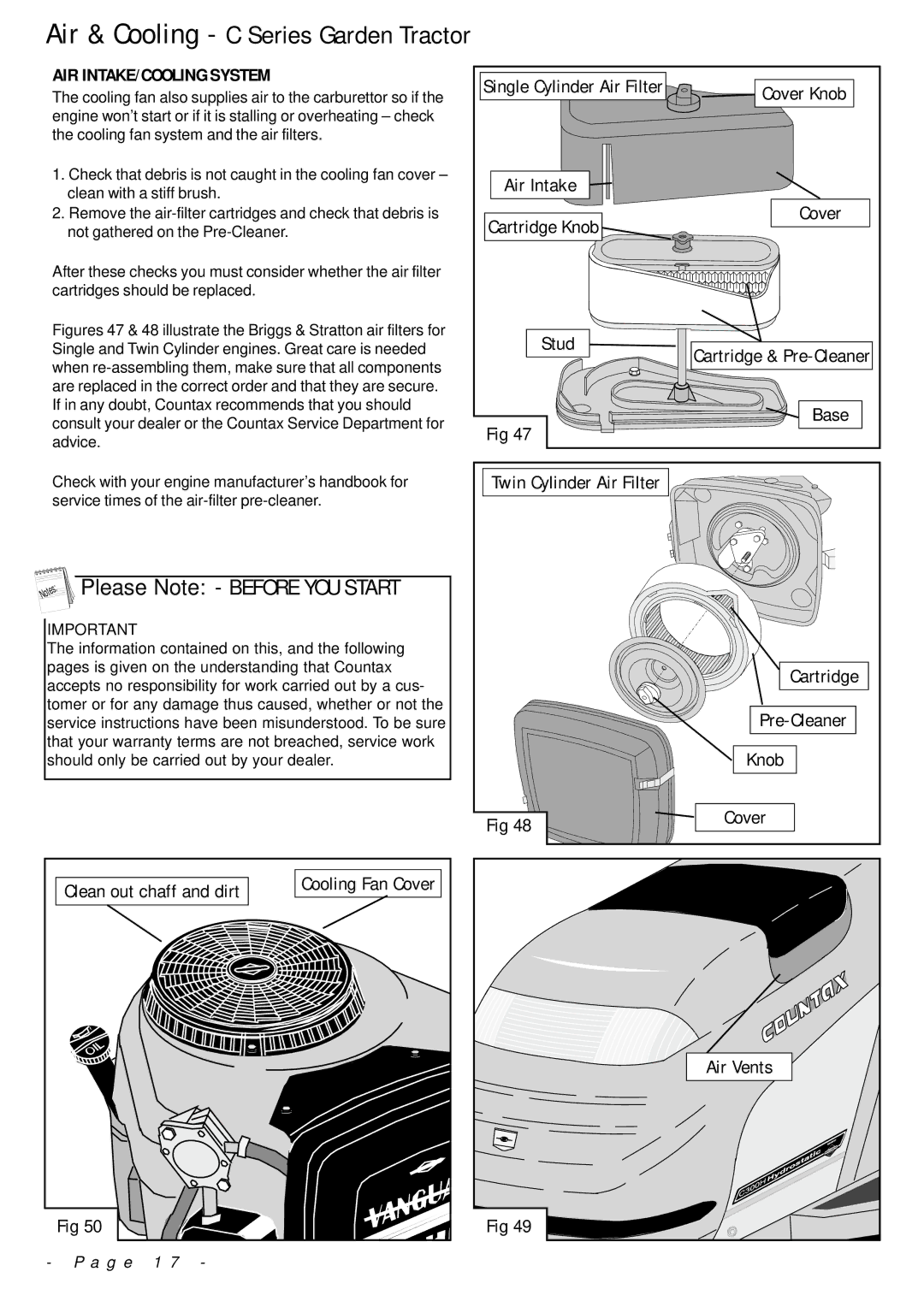 Countax manual Air & Cooling C Series Garden Tractor, AIR INTAKE/COOLING System 