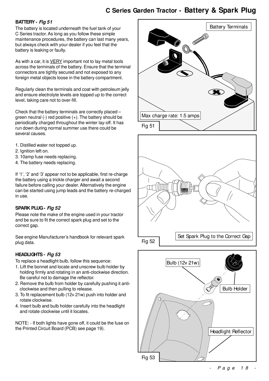 Countax Garden Tractor manual Battery Fig, Spark Plug Fig, Headlights Fig, Max charge rate 1.5 amps 