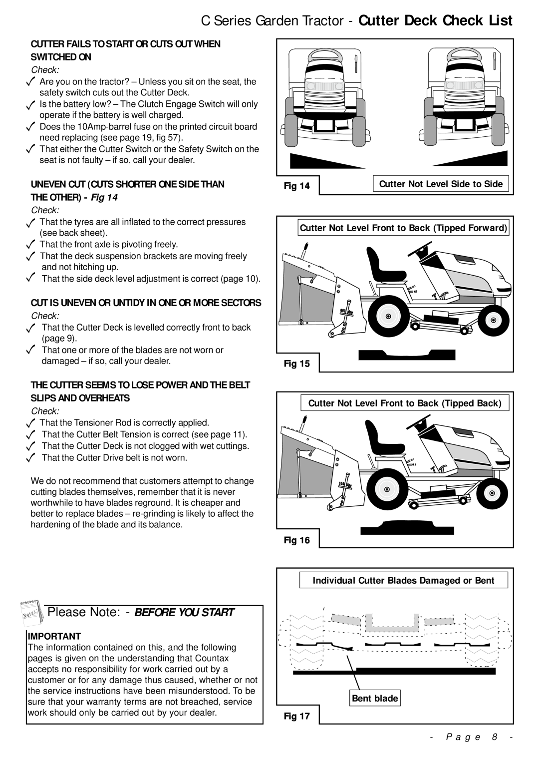 Countax manual C Series Garden Tractor - Cutter Deck Check List, Please Note - BEFORE YOU START, Bent blade, P a g e 