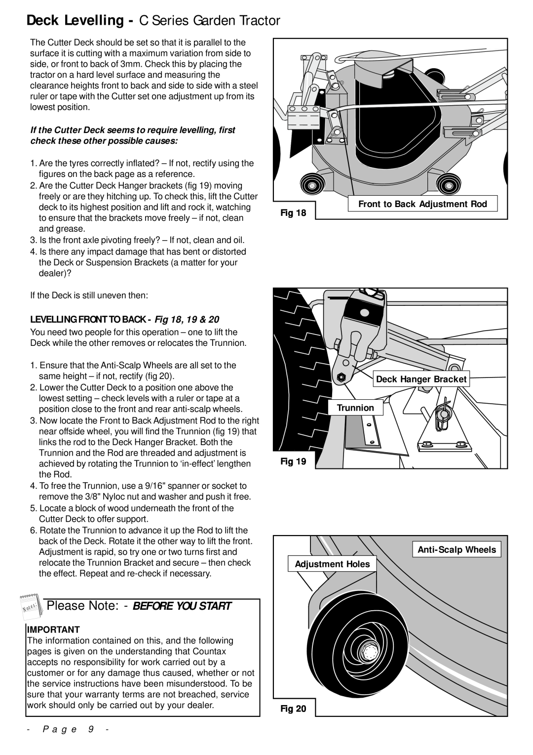 Countax Deck Levelling - C Series Garden Tractor, LEVELLING FRONT TO BACK - , 19, Trunnion, Adjustment Holes, P a g e 