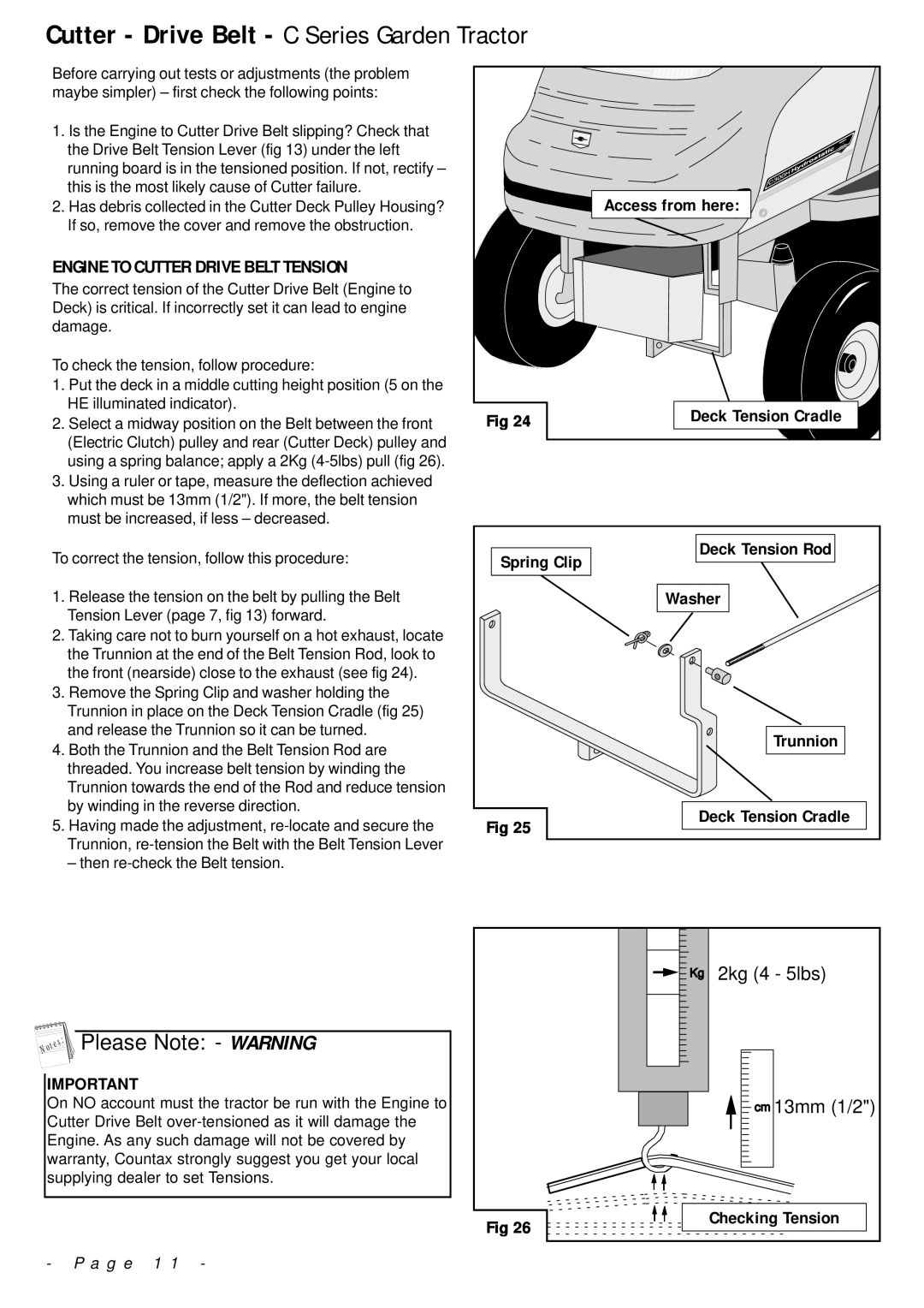 Countax manual Cutter - Drive Belt - C Series Garden Tractor, Please Note - WARNING, Engine To Cutter Drive Belt Tension 