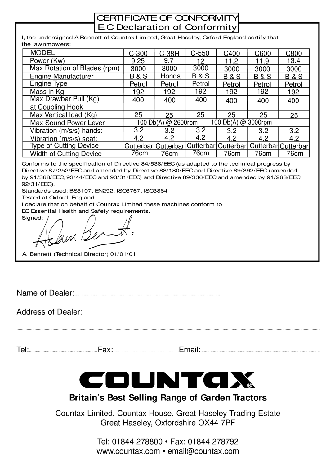 Countax manual Name of Dealer Address of Dealer TelFaxEmail, Britain’s Best Selling Range of Garden Tractors 