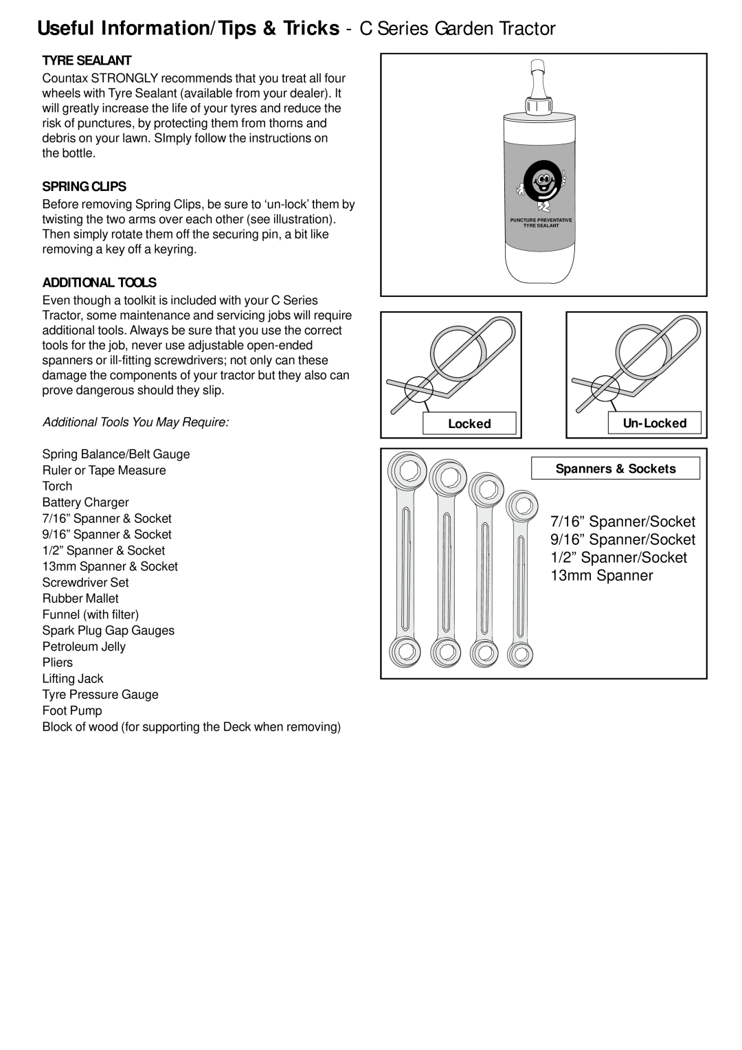 Countax manual Useful Information/Tips & Tricks - C Series Garden Tractor, Tyre Sealant, Spring Clips, Additional Tools 