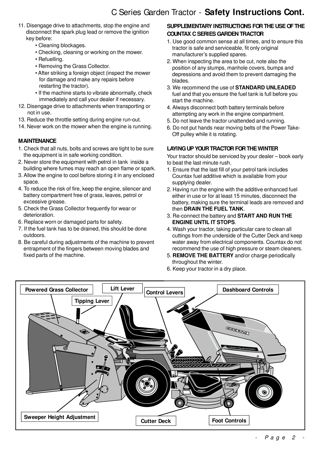 Countax C Series Garden Tractor - Safety Instructions Cont, Maintenance, Laying Up Your Tractor For The Winter, P a g e 