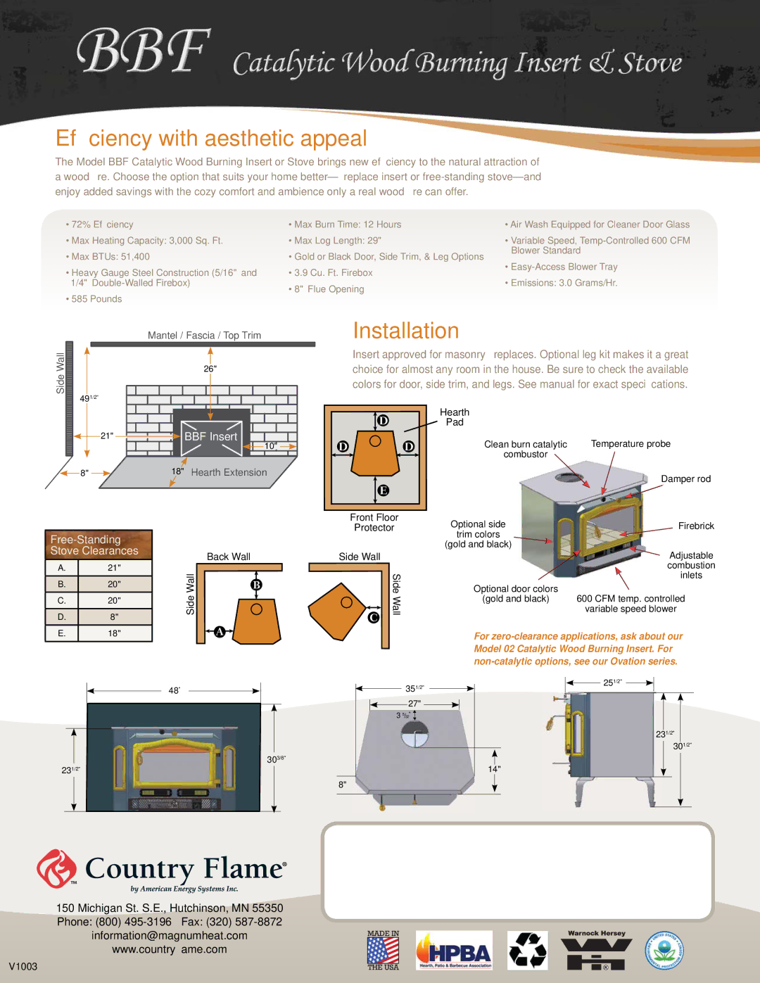 Country Flame manual Efﬁciency with aesthetic appeal, Installation, BBF Insert, Free-Standing Stove Clearances 