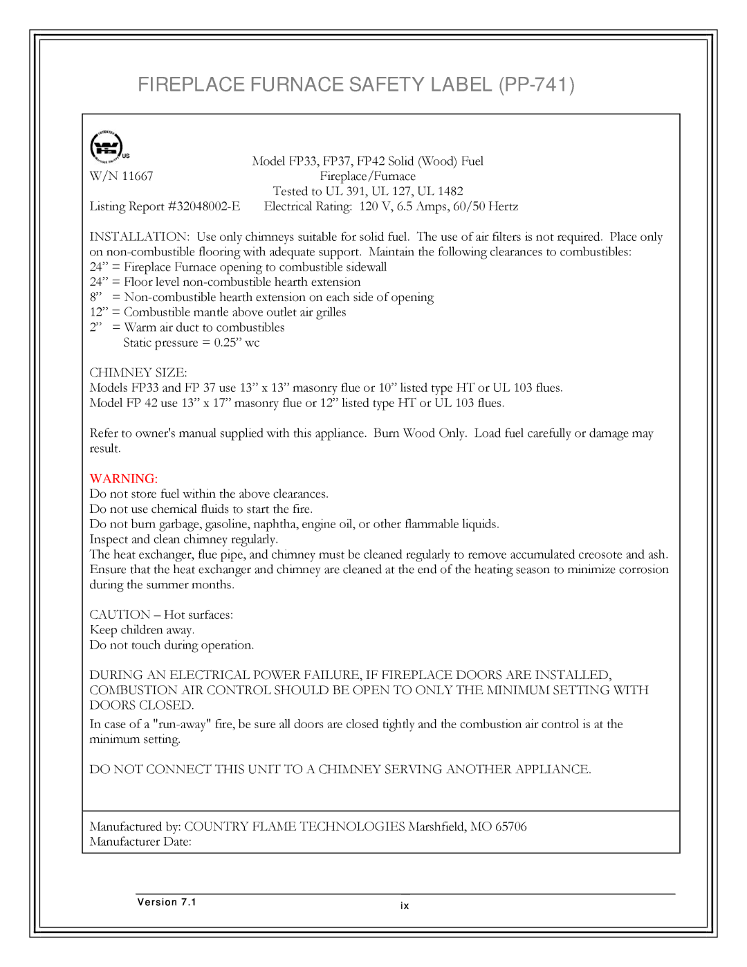 Country Flame FP37, FP42, Fireplace FP33 manual Fireplace Furnace Safety Label PP-741, Chimney Size 