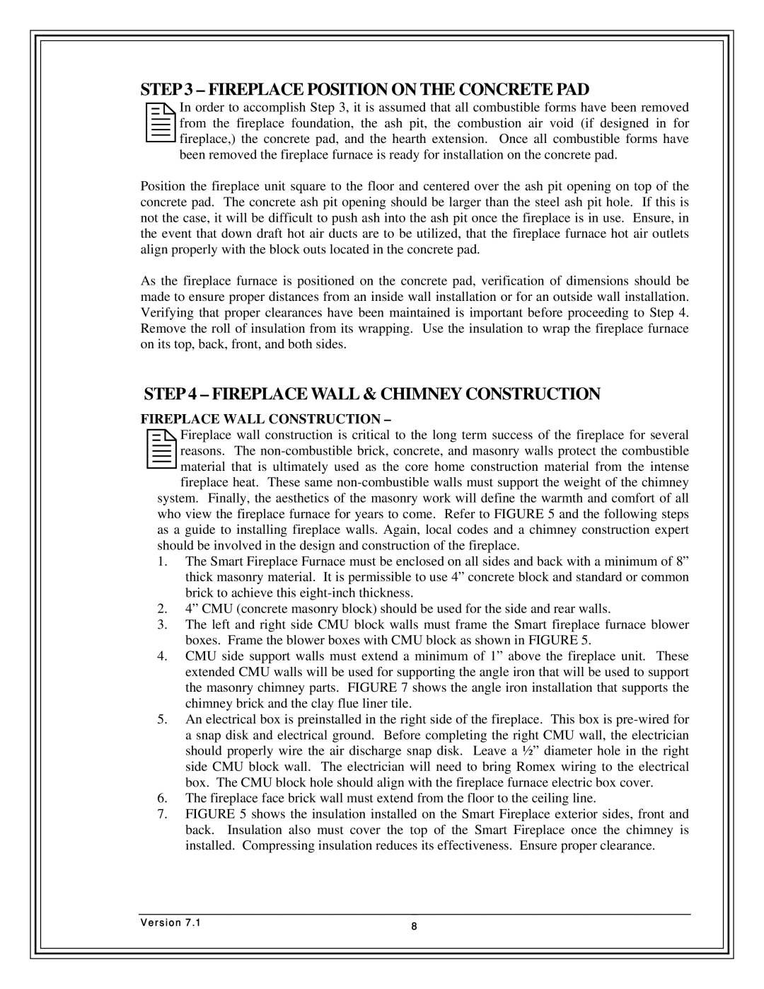 Country Flame FP37, FP42, Fireplace FP33 manual Fireplace Position on the Concrete PAD, Fireplace Wall & Chimney Construction 