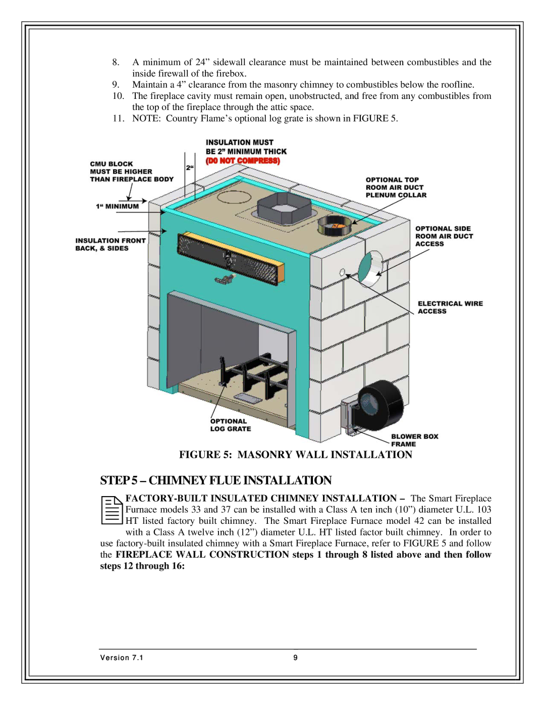 Country Flame Fireplace FP33, FP42, FP37 manual Chimney Flue Installation, Masonry Wall Installation 