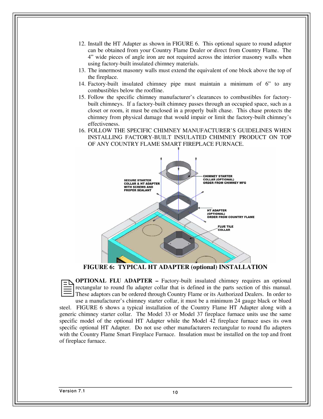Country Flame FP42, FP37, Fireplace FP33 manual Typical HT Adapter optional Installation 