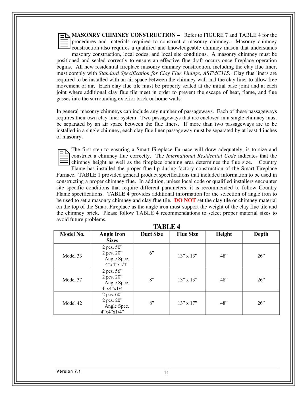 Country Flame FP37, FP42, Fireplace FP33 manual Model No Angle Iron Duct Size Flue Size Height Depth 
