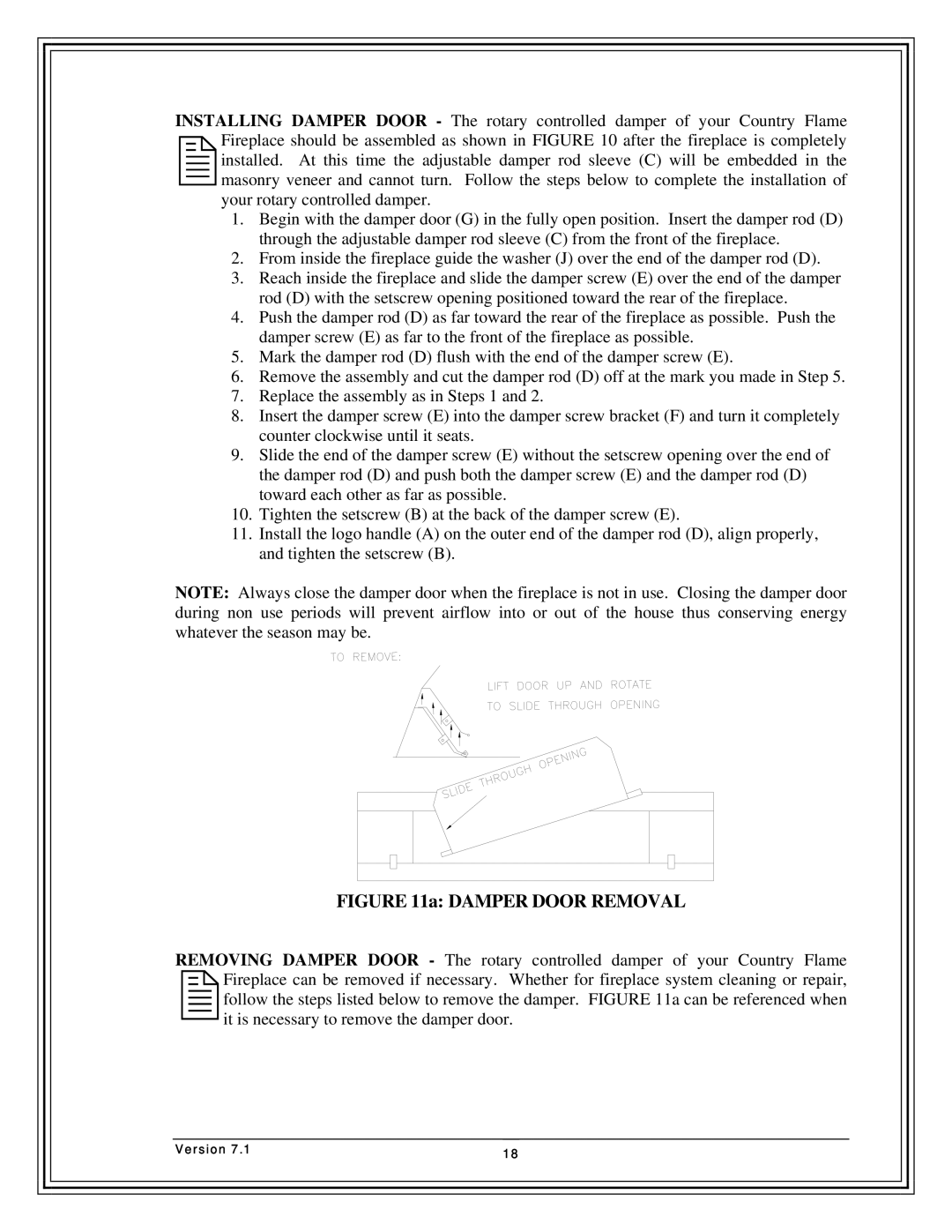 Country Flame Fireplace FP33, FP42, FP37 manual Damper Door Removal 