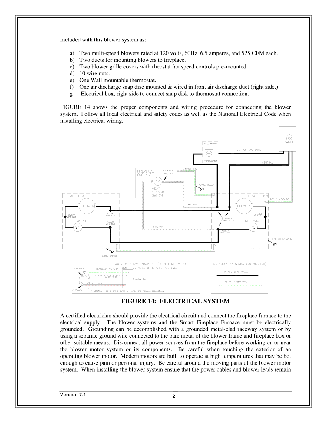 Country Flame Fireplace FP33, FP42, FP37 manual Electrical System 