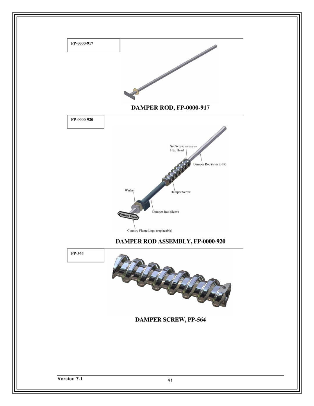 Country Flame FP37, FP42, Fireplace FP33 manual Damper ROD ASSEMBLY, FP-0000-920 