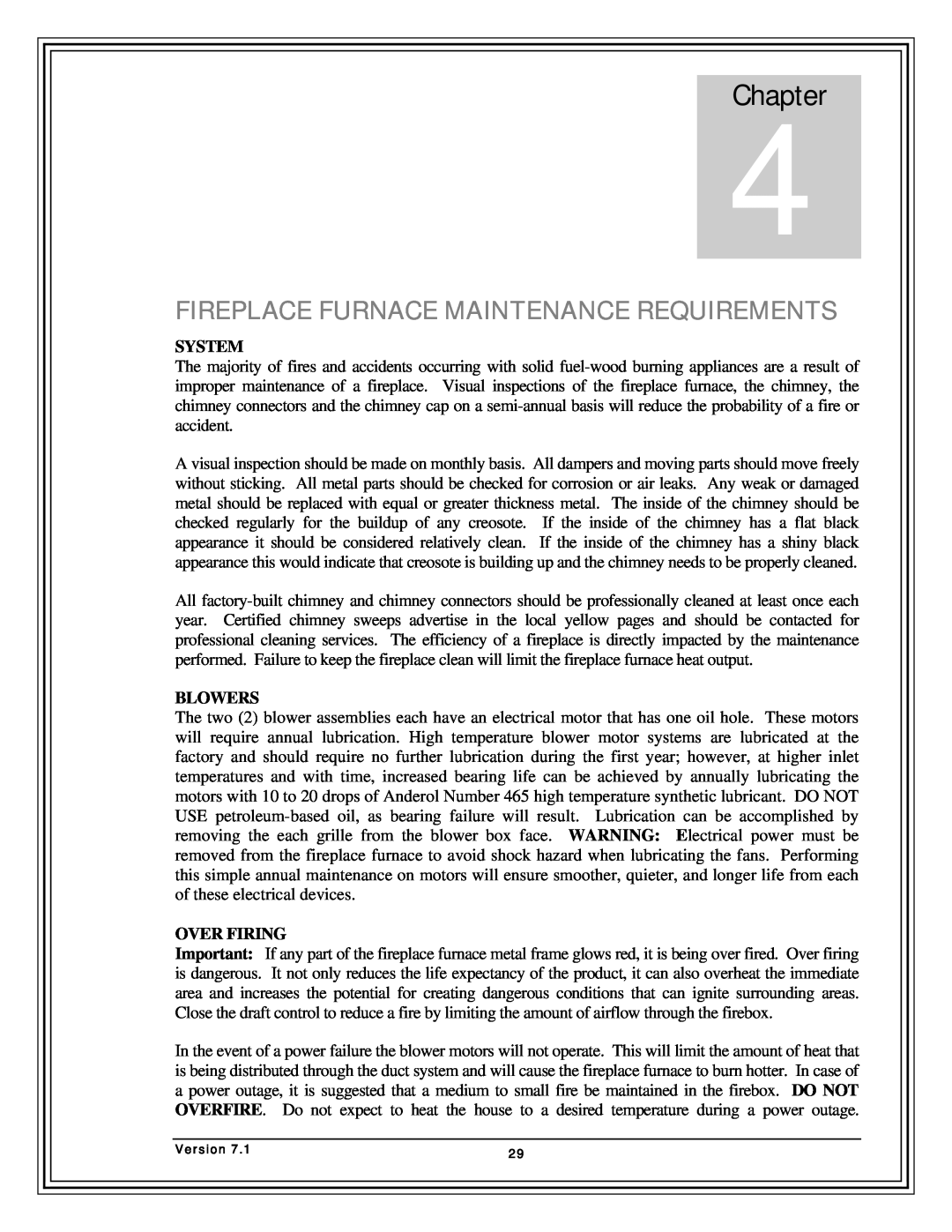 Country Flame FP37, FP42, Fireplace FP33 manual 4Chapter, Fireplace Furnace Maintenance Requirements 