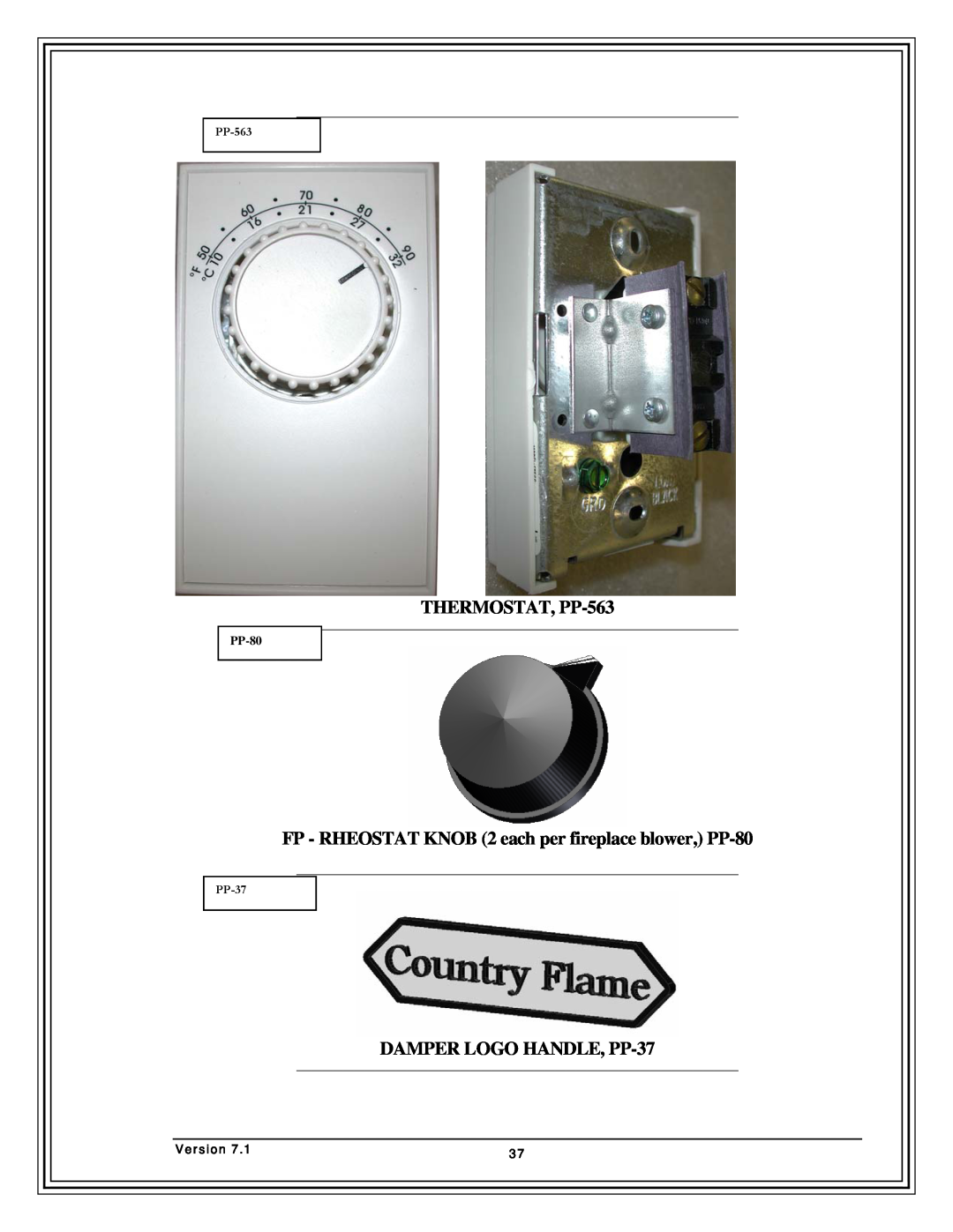 Country Flame FP42, FP37, Fireplace FP33 manual THERMOSTAT, PP-563, DAMPER LOGO HANDLE, PP-37, PP-80, Version 
