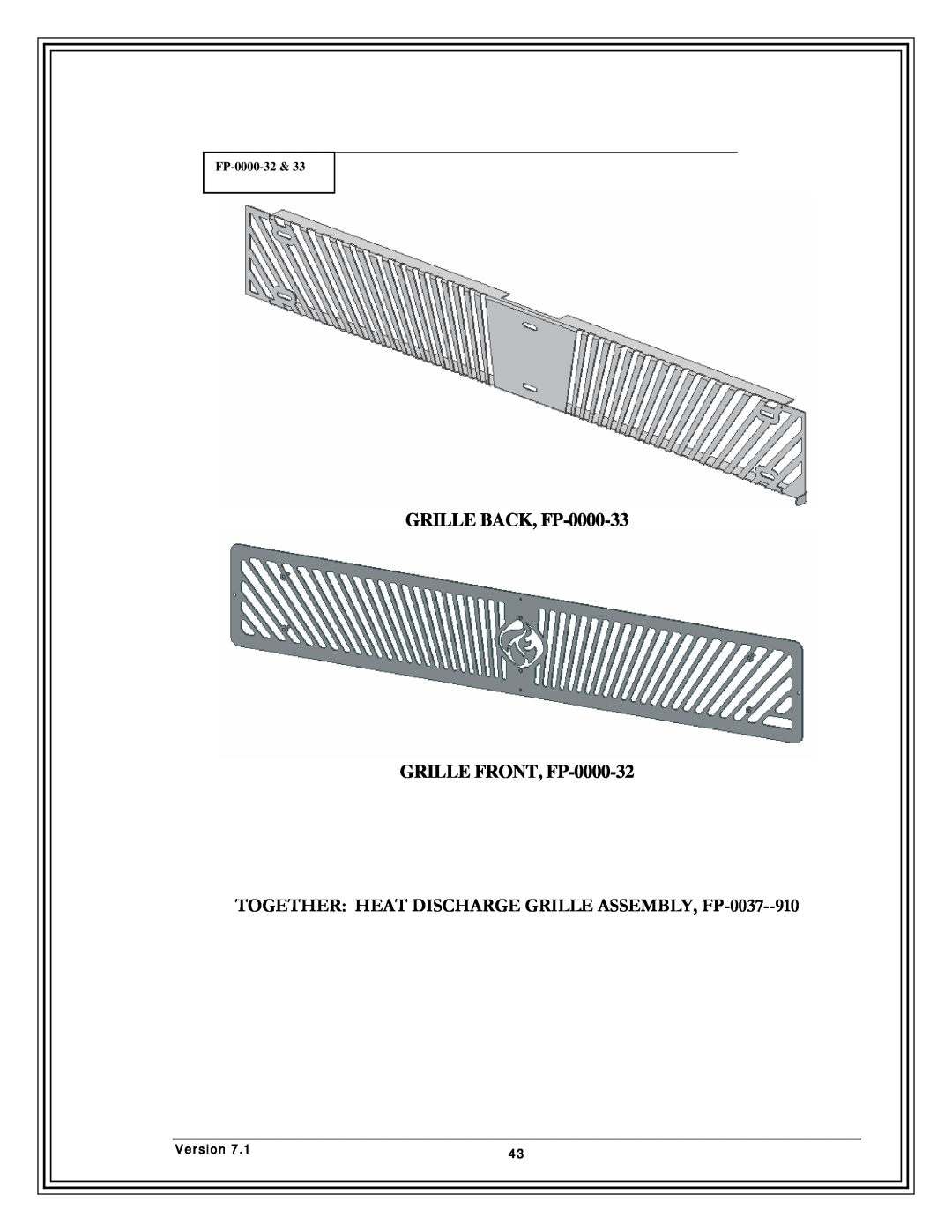 Country Flame FP42, FP37, Fireplace FP33 manual GRILLE BACK, FP-0000-33 GRILLE FRONT, FP-0000-32, Version 