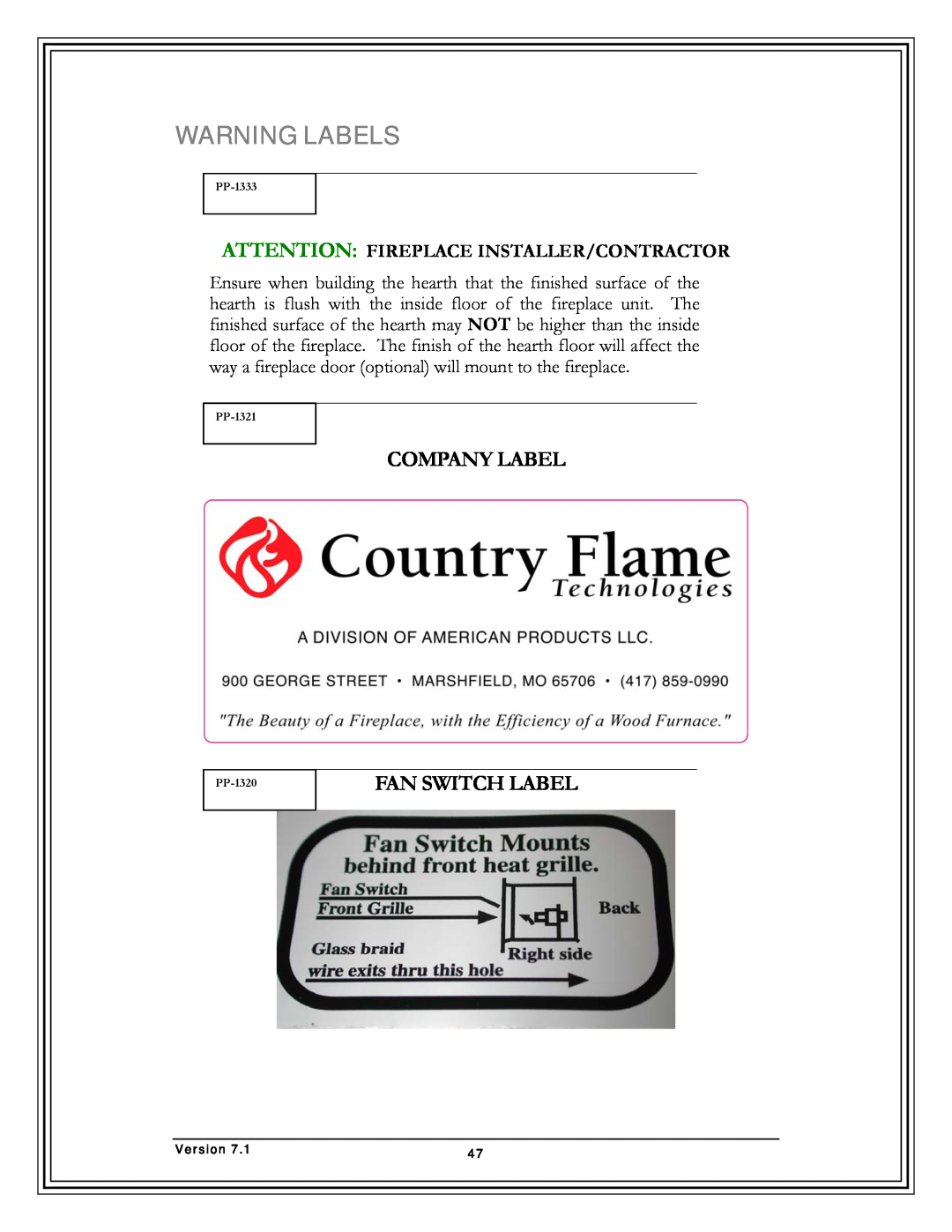 Country Flame FP37, FP42, Fireplace FP33 manual Warning Labels, Company Label, Fan Switch Label 