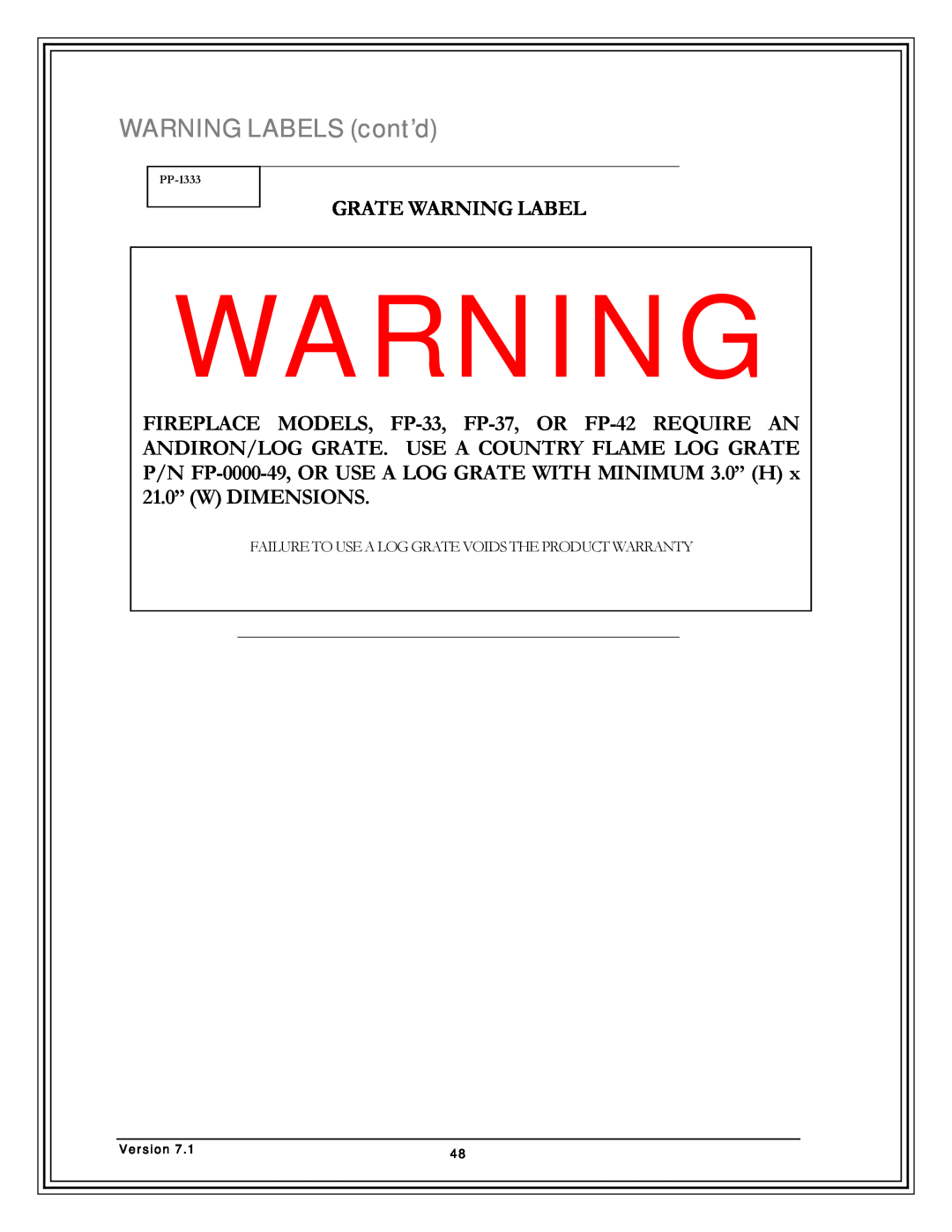 Country Flame Fireplace FP33, FP42, FP37 manual WARNING LABELS cont’d, Grate Warning Label, PP-1333, Version 