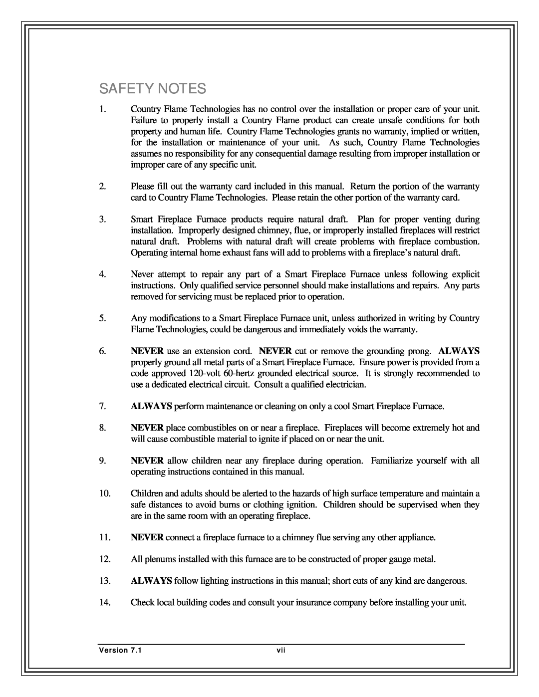 Country Flame Fireplace FP33, FP42, FP37 manual Safety Notes, Version 