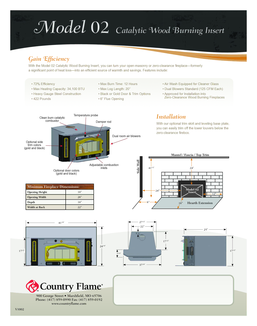 Country Flame O2 manual Gain Efficiency, Installation, Minimum Fireplace Dimensions 