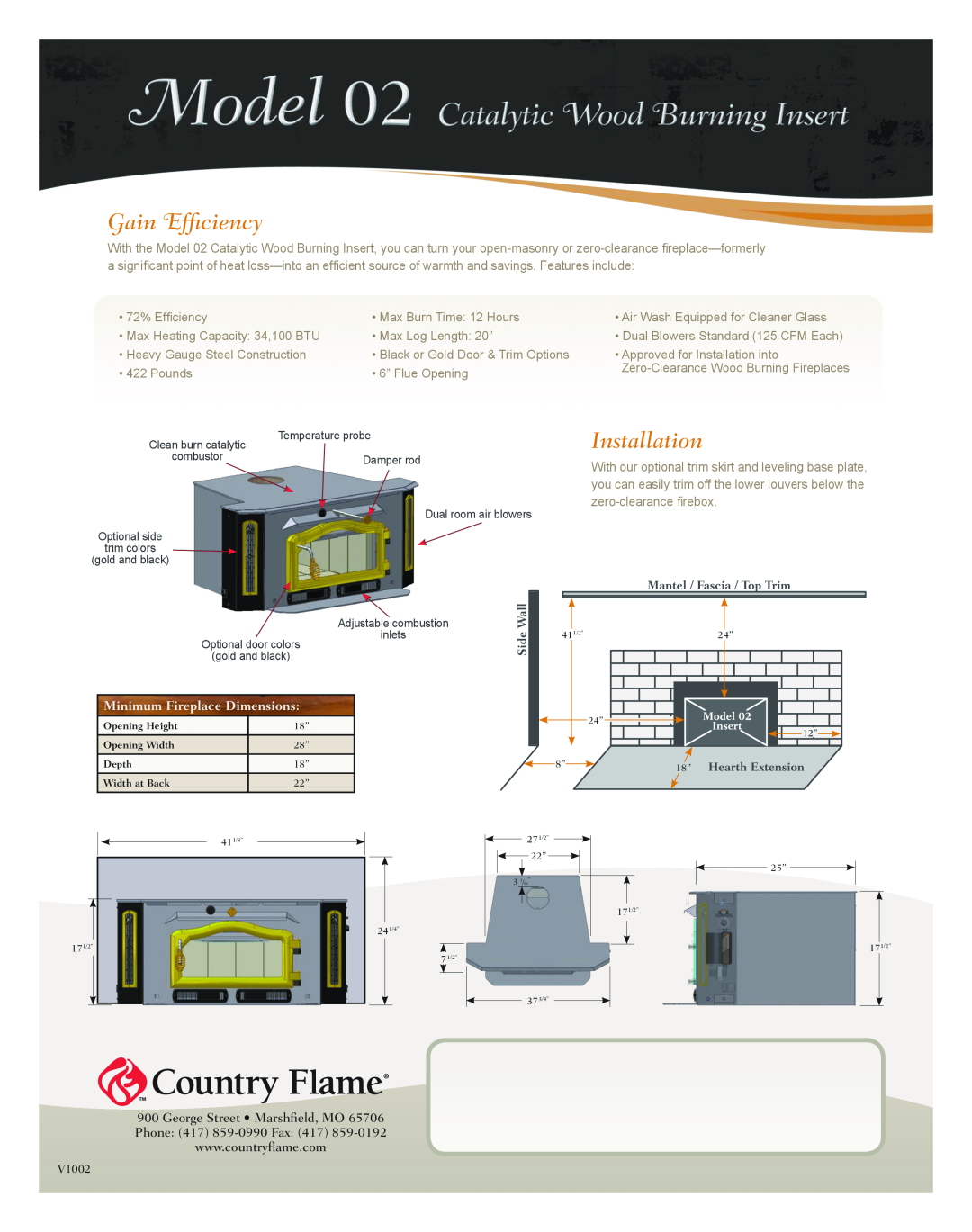 Country Flame O2 Gain Efficiency, Installation, Minimum Fireplace Dimensions, George Street Marshfield, MO, gold and black 