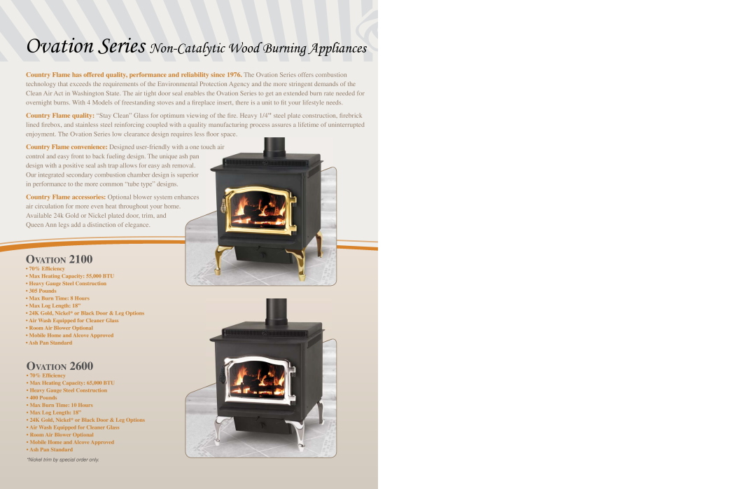 Country Flame Wood Fireplace specifications Ovation Series Non-Catalytic Wood Burning Appliances 