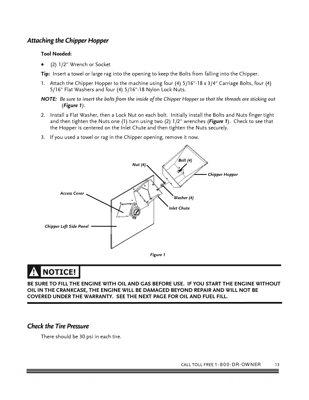 Country Home Products 10 HP manual Attaching the Chipper Hopper, Check the Tire Pressure, Tool Needed 