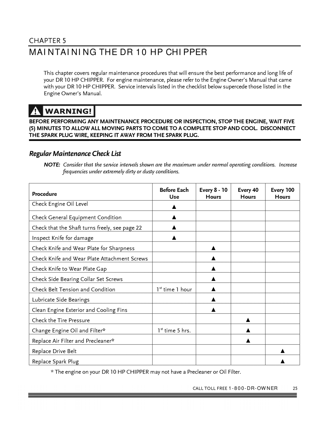 Country Home Products manual Maintaining the DR 10 HP Chipper, Regular Maintenance Check List, Procedure, Every 