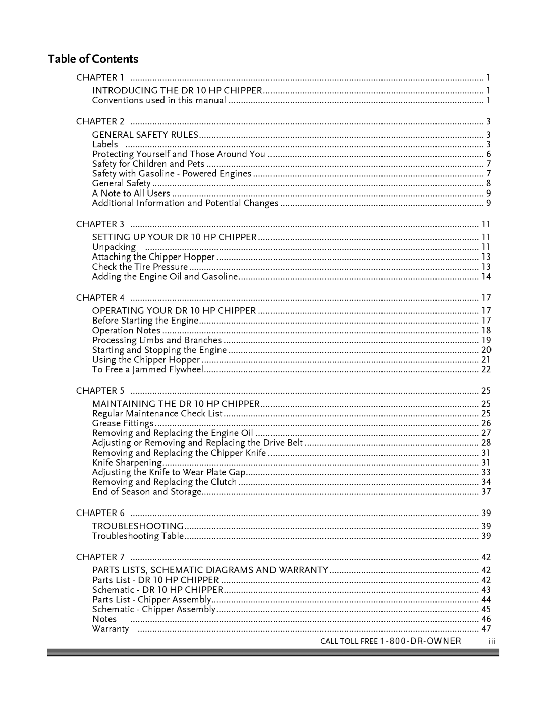 Country Home Products 10 HP manual Table of Contents 