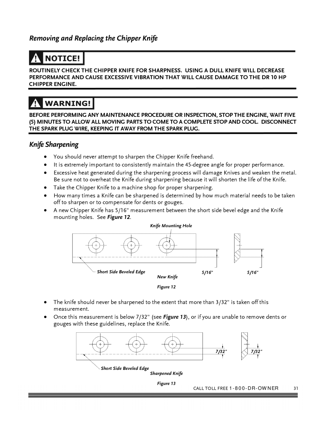 Country Home Products 10 HP manual Removing and Replacing the Chipper Knife, Knife Sharpening 