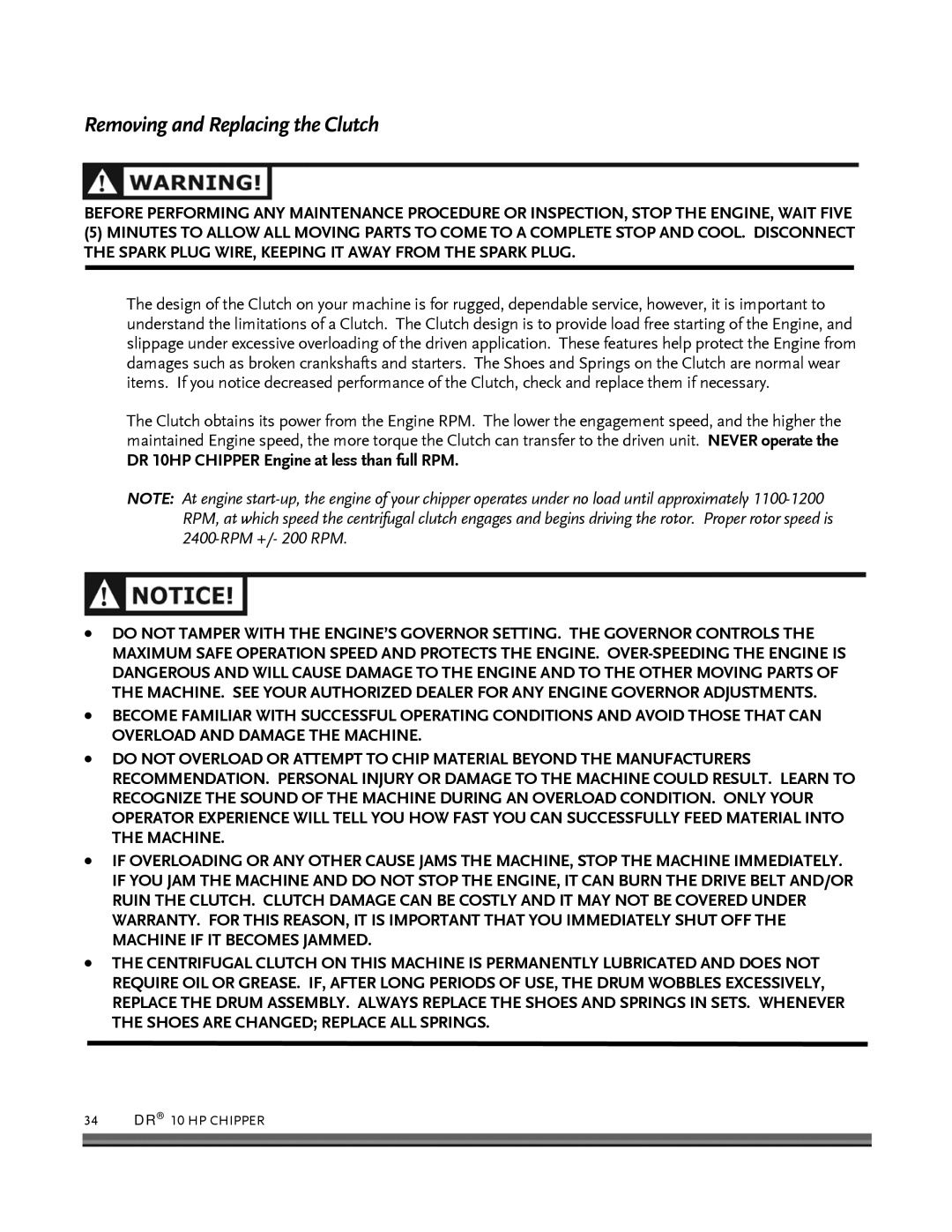 Country Home Products 10 HP manual Removing and Replacing the Clutch, DR 10HP Chipper Engine at less than full RPM 