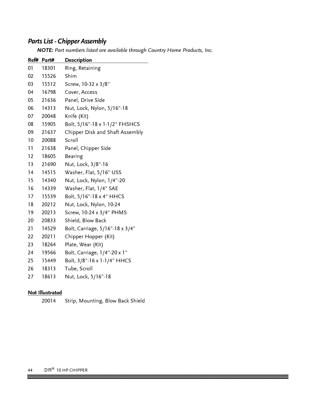 Country Home Products 10 HP manual Parts List Chipper Assembly, Not Illustrated 