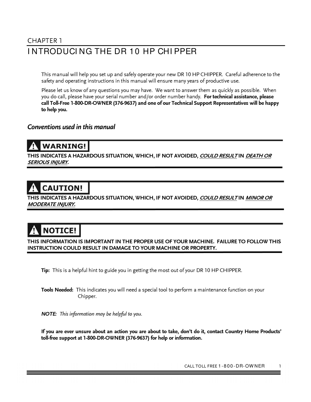 Country Home Products Introducing the DR 10 HP Chipper, Conventions used in this manual 
