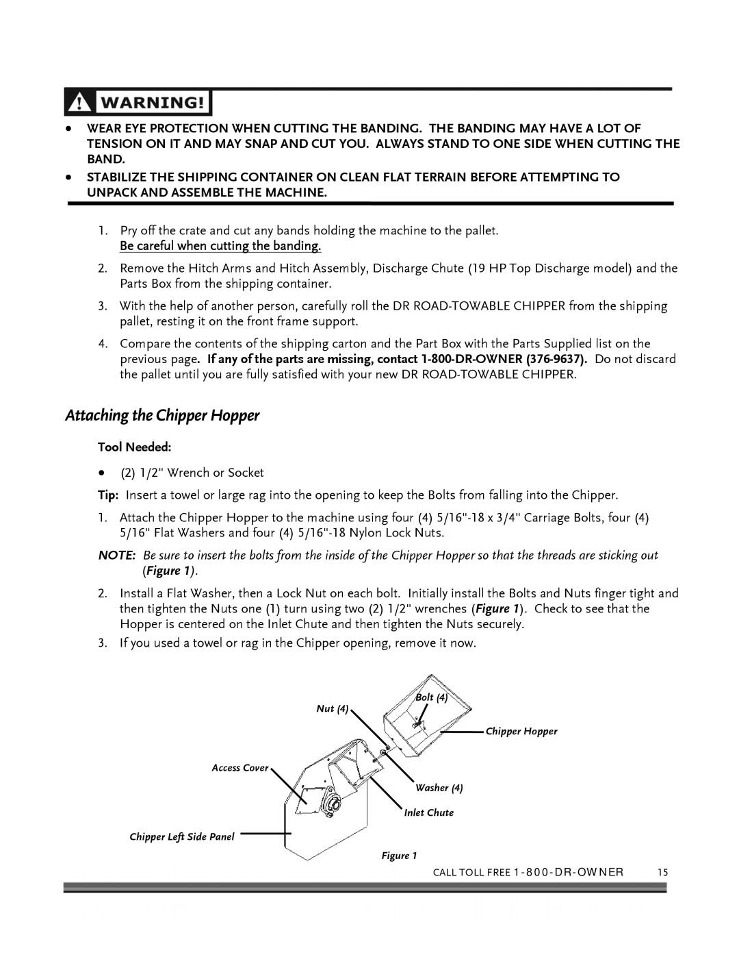 Country Home Products 18 HP, 19HP manual Attaching the Chipper Hopper, Be careful when cutting the banding, Tool Needed 