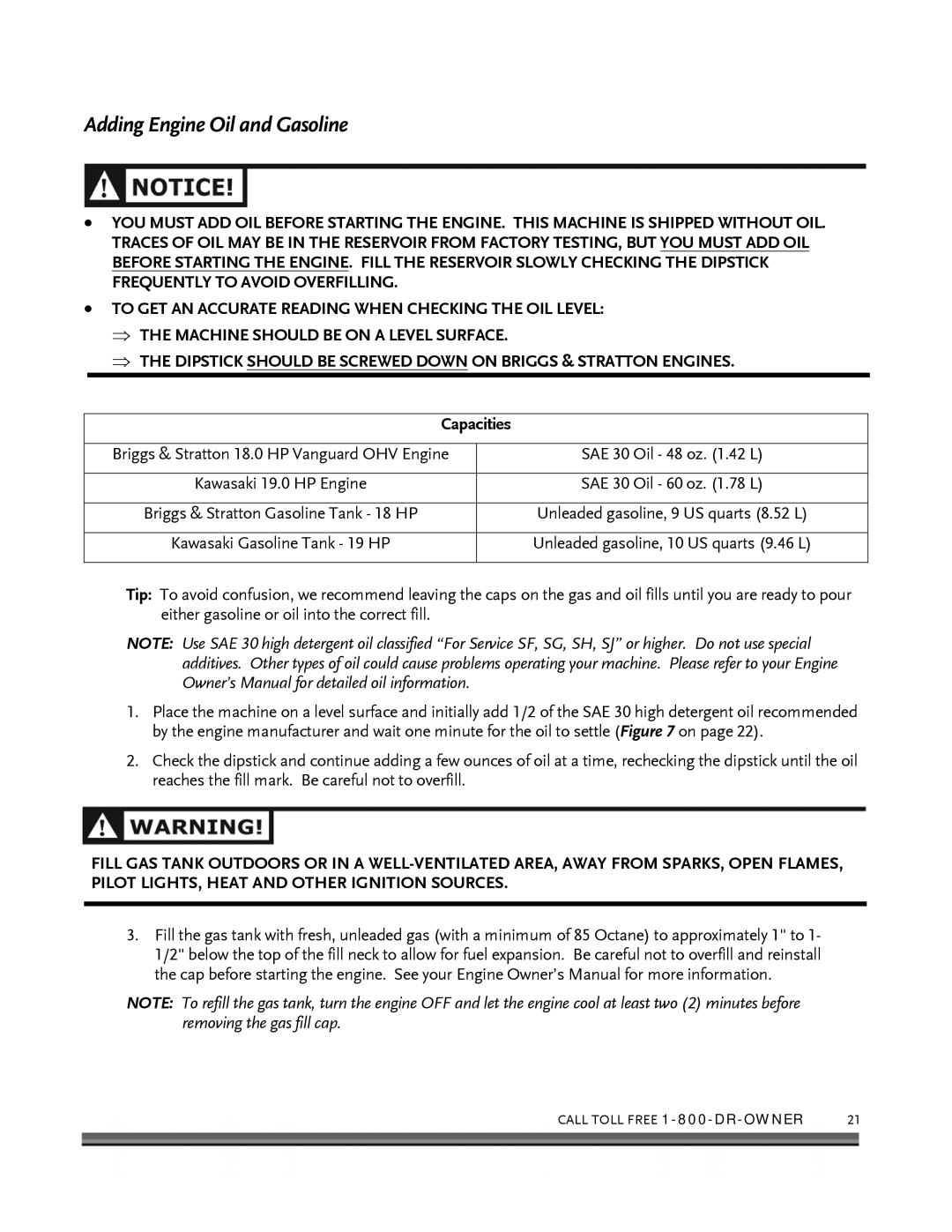 Country Home Products 18 HP, 19HP manual Adding Engine Oil and Gasoline, Capacities 